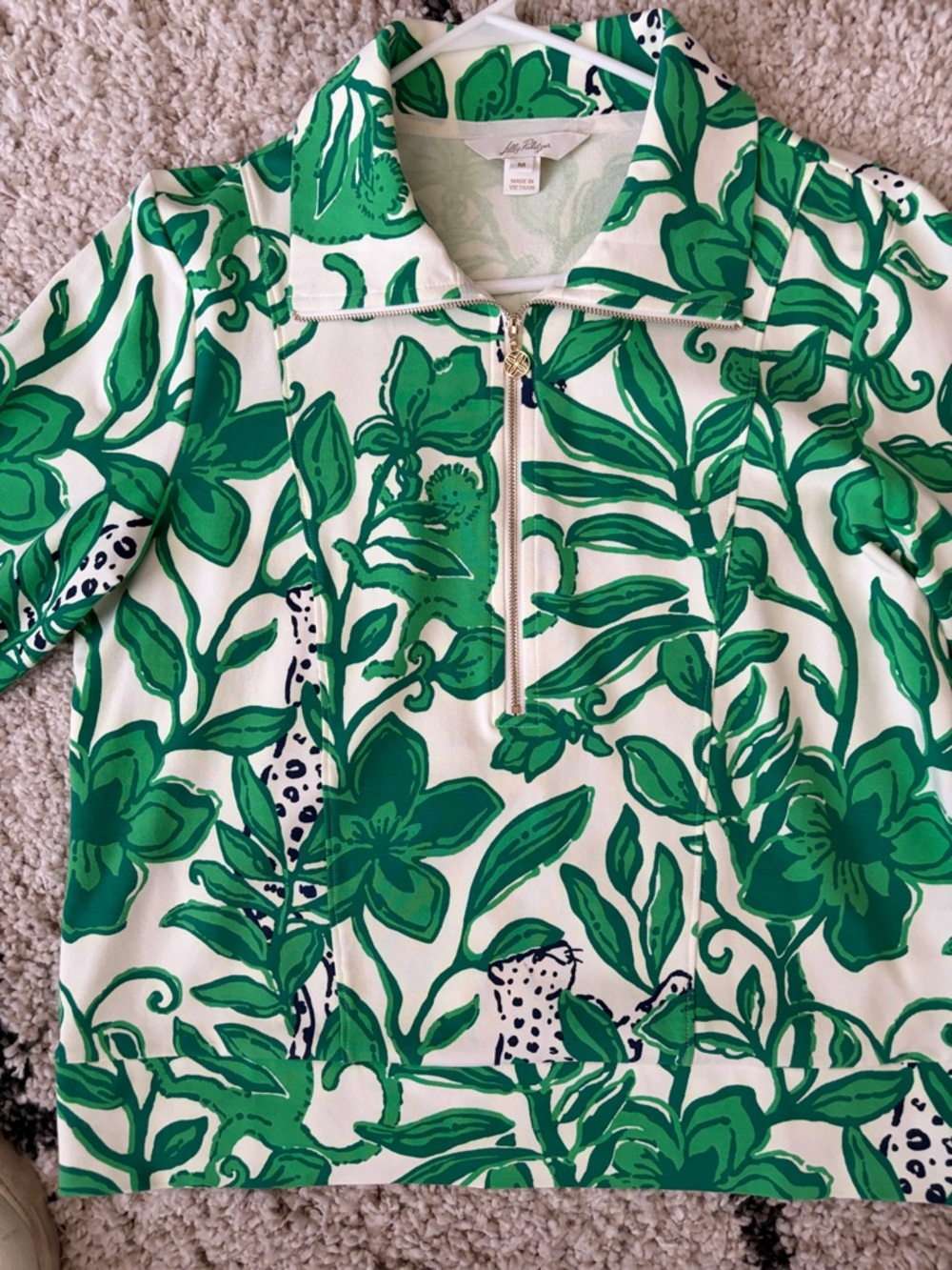 Lilly Pulitzer Green and White Botanical Zip Pullover Med